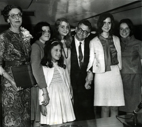 Librarian Virginia Keating and Sali Lieberman, with the five daughters of Clem Miller, at the dedication of the Clem Miller Memorial Collection, May 1, 1965 [photograph]