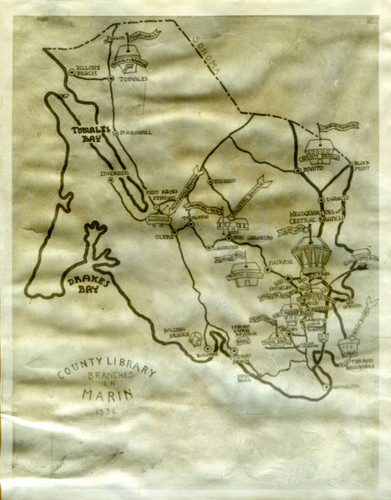 Map showing the location of the county libraries, Marin County, California, 1936 [photograph]