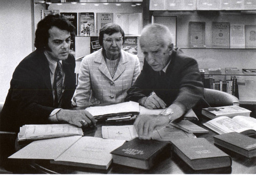 Dr. Leo Stanley, Mildred Bissinger, and former Judge Hadden Roth, organizing materials from Dr. Stanley's personal collection, August 1972 [photograph]