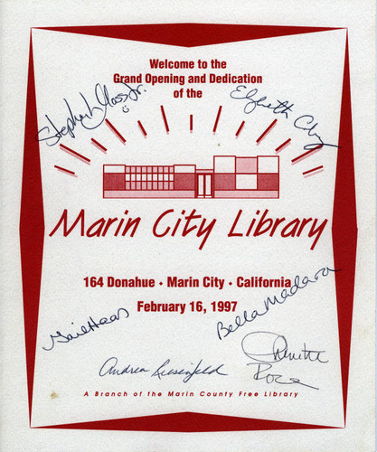 Front cover of the brochure from the Grand Opening and Dedication of the Marin City Branch of the Marin County Free Library, February 16, 1997 [program]