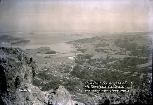 View of Marin County, San Francisco and the San Francisco Bay from atop Mt. Tamalpais, circa 1938 [postcard negative]