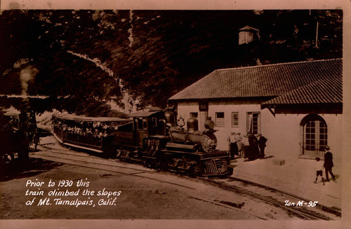 The Mount Tamalpais and Muir Woods Railroad at the Tavern of Tamalpais, circa 1925 [postcard negative]