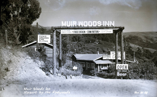 The entrance to the Muir Woods Inn, 1946 [postcard negative]