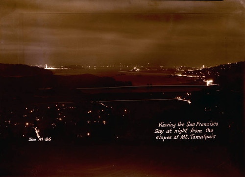 Night view from Mt. Tamalpais, of Marin County and San Francisco Bay, 1939 [postcard negative]