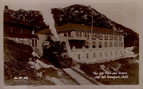 The Mount Tamalpais & Muir Woods Railroad at the Tavern of Tamalpais, circa 1920 [postcard negative]