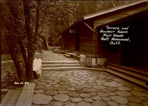 Entry to Souvenir Room in Muir Woods Administration-Operator building, 1941 [postcard negative]