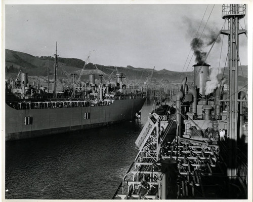 SS Mission Purisima, a T-2 tanker built at Marinship, Marin County, pulling out from the dock, during a trial run on November 5, 1943 [photograph]