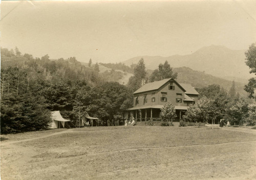 Grounds of the Blithedale Hotel, including a tent cabin on the right, Mill Valley, circa 1889 [photograph]