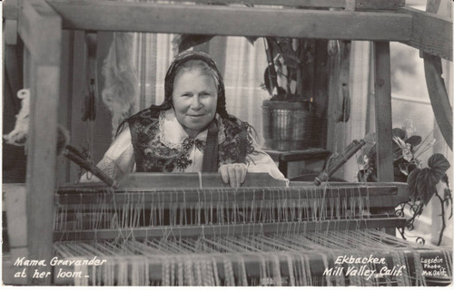 Mill Valley resident Valborg "Mama" Gravander at her loom, circa 1953 [postcard]