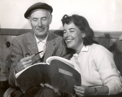 Dan Totheroh and Lucille Shreve reviewing Totheroh's script for his Mountain Play, Tamalpa, performed on Mount Tamalpais in 1963 [photograph]