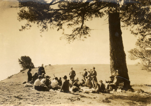 A group gathers on Mt. Tamalpais for a luncheon to celebrate Mountain Play co-founder, R. F. O'Rourke’s birthday on February 27, 1927 [photograph]