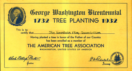 Membership certificate issued to the Mountain Play Association on the occasion of the George Washington Bicentennial Tree Planting on Mount Tamalpais, 1932 [ephemera]