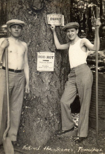 Staff members hanging a Playbill for the 1932 Mountain Play, Rob Roy [photograph]