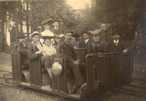 Gravity Car, passengers and a "Gravity-Man" on the Mt. Tamalpais & Muir Woods Railroad, Marin County, California, circa 1914 [photograph]