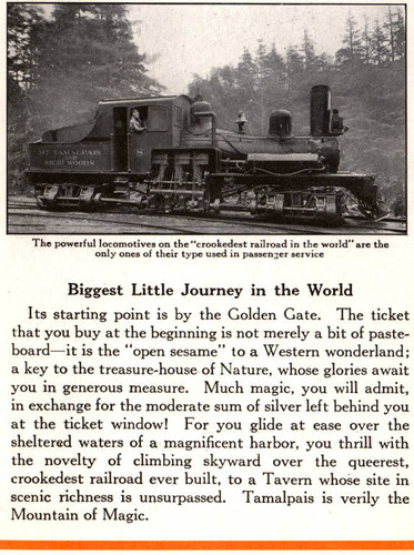 View of one of the locomotives for the Mt. Tamalpais & Muir Woods Railroad from a 1917 brochure, Marin County, California [brochure]