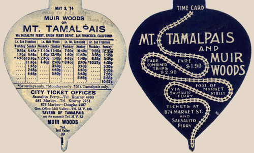 1914 schedule for the Mt. Tamalpais & Muir Woods Railroad, including connections with the Sausalito Ferry to San Francisco, Marin County, California [ephemera]