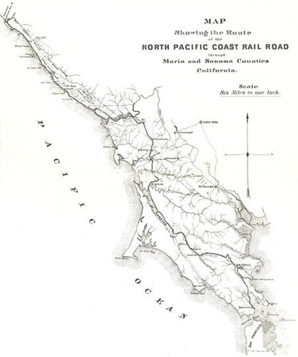 Map of the North Pacific Coast Railroad, a narrow gauge railroad, in Marin County, California, circa 1900 [map]