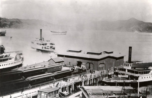 View of Sausalito ferry and train terminal in 1894, Marin County, California [photograph]