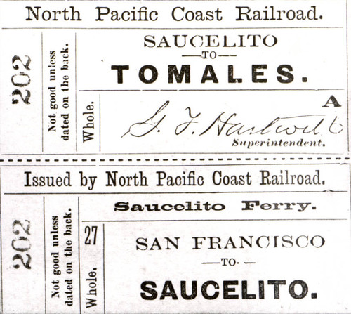 Tickets for the North Pacific Coast Railroad and Saucelito Ferry, issued by the NPCRR, circa 1880 [ephemera]