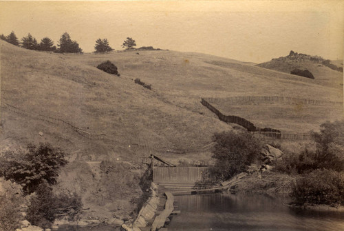 View of Samuel P. Taylor's dam built in 1856 to power his first paper mill at Taylorville, Marin County, California [photograph]