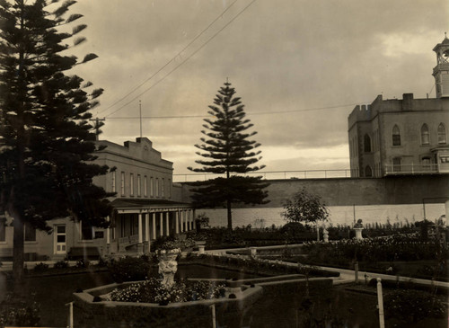 View of the church and gardens at San Quentin State Prison, Marin County, California, circa 1915 [photograph]