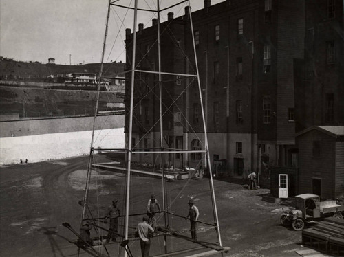 A light tower in the lower yard of San Quentin State Prison, Marin County, California, circa 1915 [photograph]