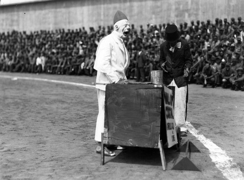 Clown performance, San Quentin Little Olympics Field Meet, 1930 [photograph]