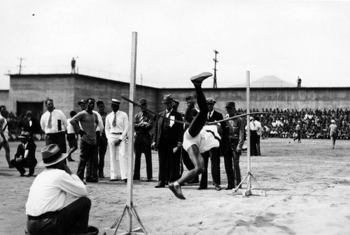 High-jump competition (close-up), San Quentin Little Olympics Field Meet, 1930 [photograph]