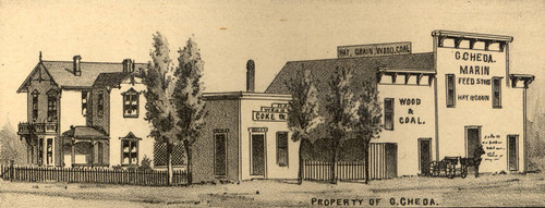 Gaudenzio Cheda's home, stores and stable, San Rafael, California, 1884 [illustration]