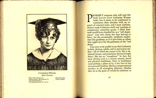 Hand-drawn portrait of Senior Catherine Wempe from the Dominican College Yearbook, The Firebrand, 1929 [leaves]