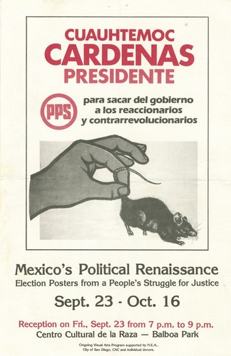 Centro Cultural de la Raza postcard announcing the opening and reception for the exhibt: Mexico's Political Renaissance: front