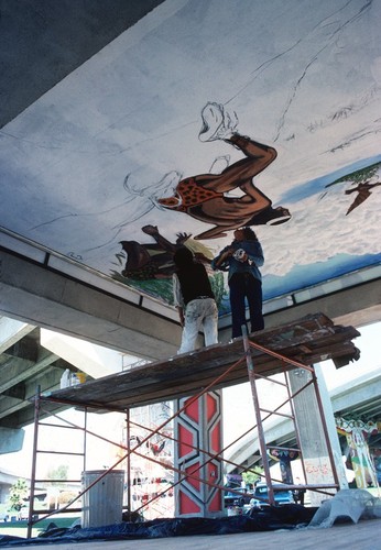 Chicano Park: Kiosko/Tenochtitlan: artist painting gazebo ceiling mural