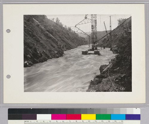 Pardee Dam Construction View,--Showing peak of flood on March 25, 1928. Flow of river was 25,000 sec. ft