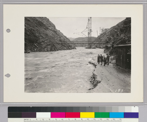 Pardee Dam Construction View,--Showing peak of flood on March 25, 1928. Flow of river was 25,000 cu. ft. per sec