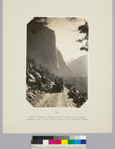 Modern Yosemite Transportation System auto stage climbing out of the Valley over the Big Oak Flat Road