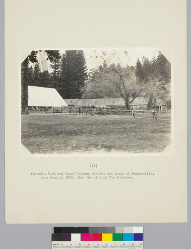 Yosemite Park and Curry Company stables and sheds at Kenneyville, torn down in 1925. Now the site of The Ahwahnee