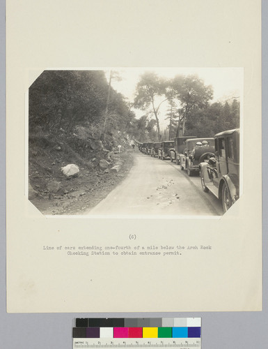 Line of cars extending one-fourth of a mile below the Arch Rock Checking Station to obtain entrance permit