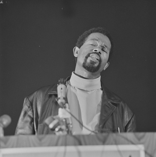 Eldridge Cleaver, Minister of Information, speaking at Free Huey Rally, Manzanita Center, Marin City, CA, #113 from A Photographic Essay on The Black Panthers