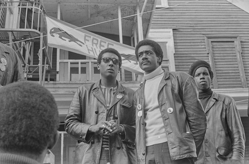 Bobby Seale, Chairman of the Black Panther Party and Stokely Carmichael, ex Prime Minister at Free Huey Rally, Bobby Hutton Memorial Park, Oakland, CA, #64 from A Photographic Essay on The Black Panthers