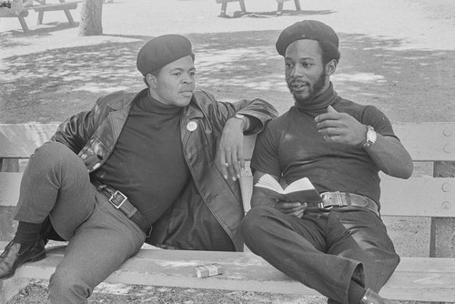 Black Panthers discussing their reading material, Bobby Hutton Memorial Park, Oakland, CA, #100 from A Photographic Essay on The Black Panthers