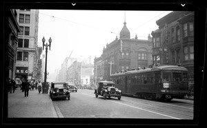 Hill Street between Third Street and Fourth Street, showing a streetcar, ca.1930-1939