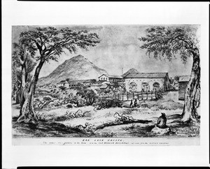 Drawing by Edward Vischer depicting the Mission San Luis Obispo as seen from the mission orchard, ca.1864