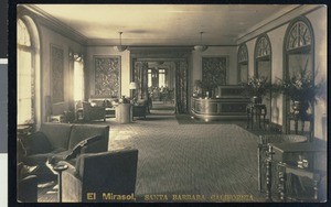 Interior view of the El Mirasol Hotel in Santa Barbara, ca.1930