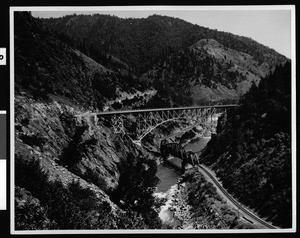 Two bridges over the Feather River in Butte County, ca.1920