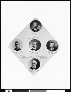 Individual member portraits of members of the Los Angeles Park Commissioners in 1902: J. C. Cribb; M. J. McGarry; J. F. Mendenhall, Superintendent of Parks; C. B. Dickson; and James Russell