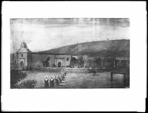 Drawing of the Los Angeles Plaza Church with nuns processing in the foreground