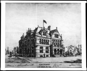 Drawing of an exterior view of the United States Courthouse and Post Office that stood at Main Street and Winston Street in Los Angeles, 1888