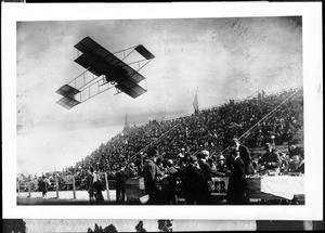 Aviator Louis Paulhan making his record flight at the Dominguez Hills Air Meet, 1910