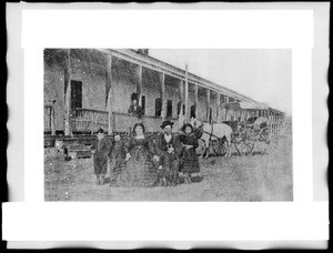 Exterior view of the long adobe of Don Juan Abila in San Juan Capistrano, ca.1860-1905