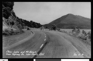 View of Highway Twenty at Clear Lake and Mount Konocti, Lake County, ca.1930